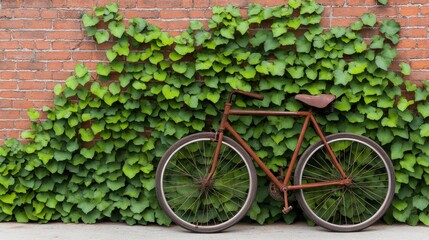 Fototapeta premium Antique Bicycle Leaning Against Weathered Brick Wall Surrounded by Lush Green Ivy Leaves