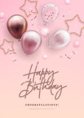 Vector birthday elegant greeting card, banner or party invitation with realistic 3d golden, pink and white balloons and falling confetti on pink background. Vector illustration