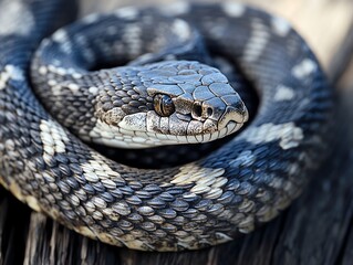 Fototapeta premium Close-up of a Rattlesnake Coiled and Ready on Natural Wood