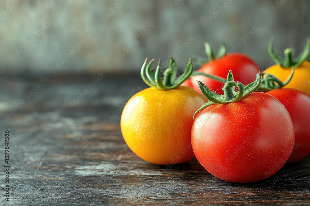 Poster close-up of ripe red and yellow tomatoes on a rustic wooden surface.