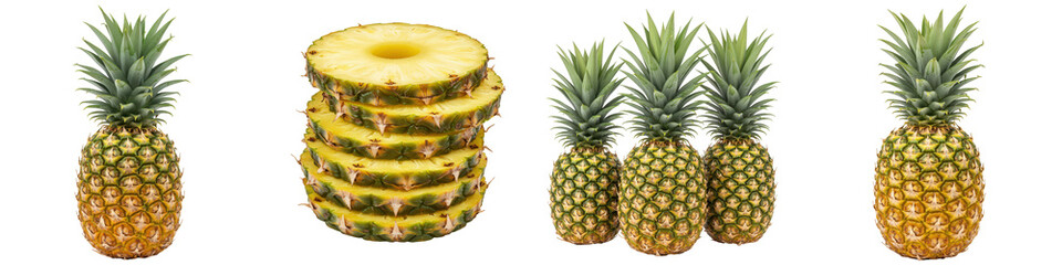 Fototapeta premium Ripe pineapples whole, sliced, and stacked.