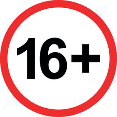 age restriction 16 plus sign. content warning symbol for mature audience, gaming, movies, and apps