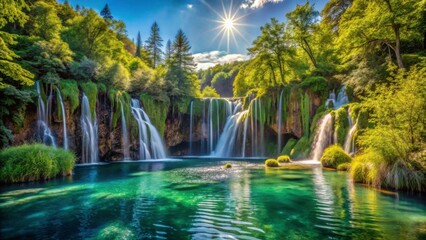 Obraz premium Serene Waterfall at Plitvice Lakes National Park in Natural Beauty