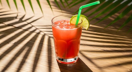 Obraz premium Refreshing Red Cocktail with Lime and Straw on Wood Table