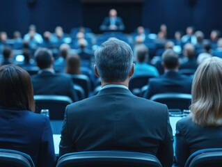 A man in a suit is sitting in a crowded room. The room is filled with people wearing suits and ties. The man is looking at the speaker on stage. The atmosphere of the room is professional and formal
