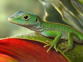 Fototapeta premium Green Lizard Resting on Red Leaf with Water Droplets Close-up