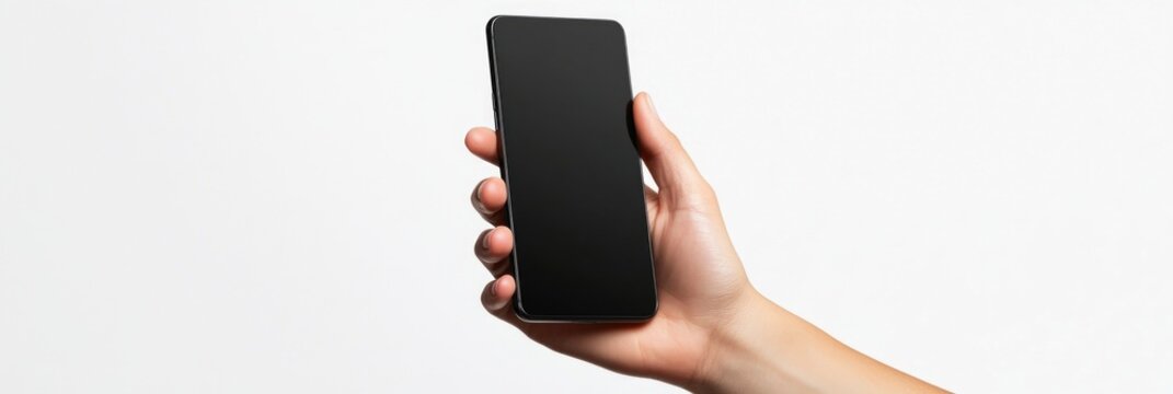 A hand holding a black cell phone. The phone is not turned on. The hand is holding the phone in a way that it is not visible