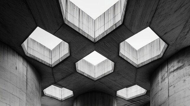 Monochrome view of architectural concrete ceiling with geometric skylights and textured surfaces above