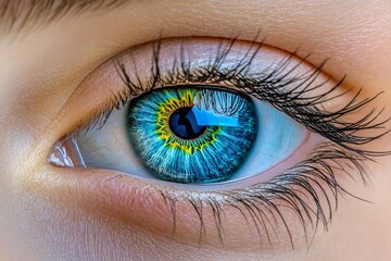 A close-up of an eye with a deep red reflection in the iris