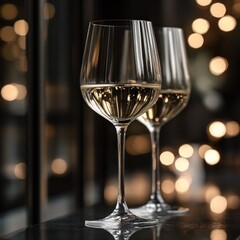 Elegant wine glasses filled with white wine