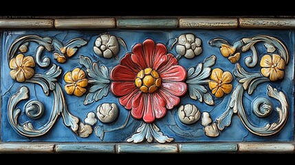 Obraz premium Detailed Floral Ornament Carving on Blue Background, Floral Decoration Art