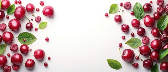 Fresh Red Cherries with Green Leaves on White Background, Delicious Summer Fruit, Healthy Eating Concept