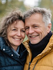 Fototapeta premium A man and woman are smiling at the camera. The man is wearing a yellow jacket and the woman is wearing a black jacket