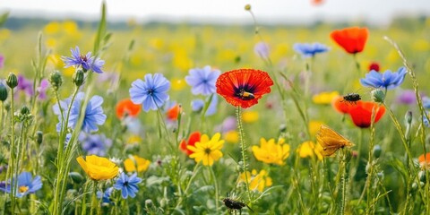Naklejka premium A field of flowers with a single red poppy in the middle. The field is full of different colored flowers, including yellow, blue, and purple