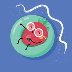 A cute strawberry with sunglasses and a drink, relaxing in a green floatie on a blue background with white splash lines