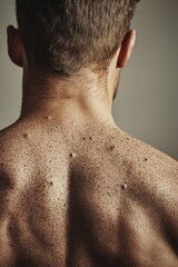Naklejka premium A man with a shaved head and a hairy back. The back is covered in small bumps. The man is standing in front of a wall
