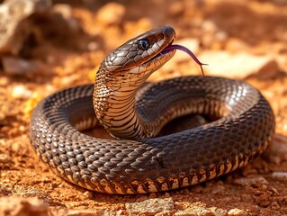 Fototapeta premium Snake Striking with Tongue Out Close Up on Desert Ground