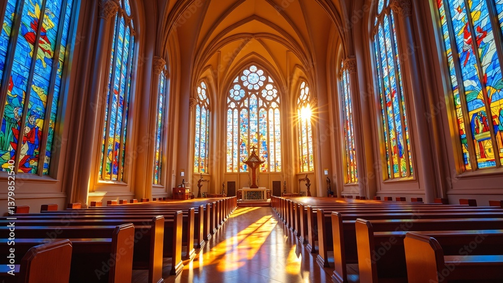 Aufkleber vibrant sunlight filtering through colorful stained glass windows creating a stunning spectrum of co