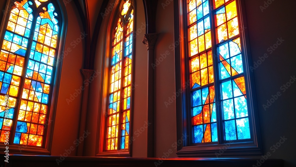 Aufkleber Vibrant Sunlight Filtering Through Colorful Stained Glass Windows Creating a Stunning Spectrum of Colorful Reflections and Patterns in a Church Interior