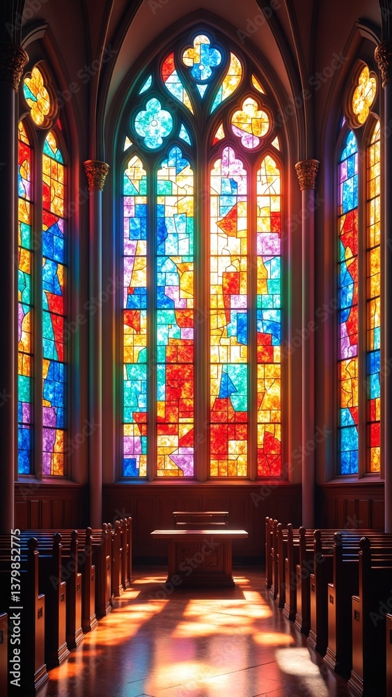 Aufkleber Vibrant Sunlight Filtering Through Colorful Stained Glass Windows Creating a Stunning Spectrum of Colorful Reflections and Patterns in a Church Interior