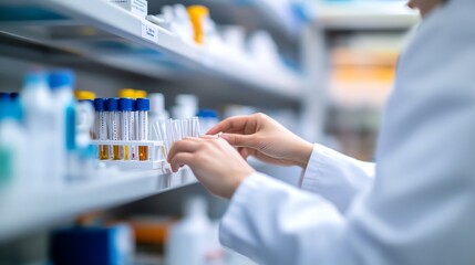 Scientist arranging laboratory test tubes carefully.