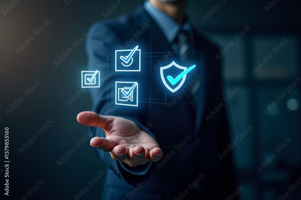 Poster businessman checking steps through document with a list of checkboxes, regulation, practices and pol