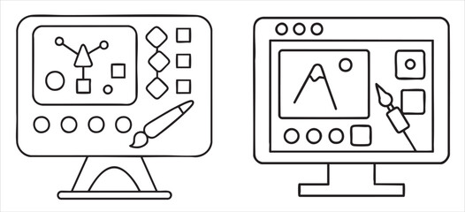Illustration of two computer screens displaying design tools and shapes.