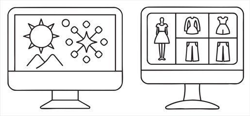 Two monitors displaying graphics and fashion designs in a minimalist style.
