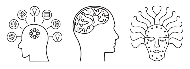 Conceptual illustration of the human mind and creativity in three distinct styles.