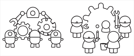 Illustration of teamwork with gears and tools in a creative, simplistic style.