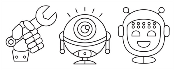 Three cartoon robots with tools and expressive features in a minimalist design.