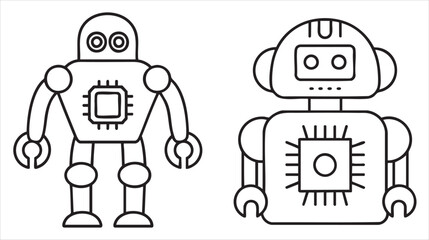 Two simple cartoon robots with distinctive designs facing each other.
