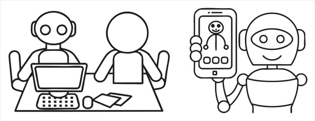 Two robots in a workspace, one using a computer and the other holding a smartphone.