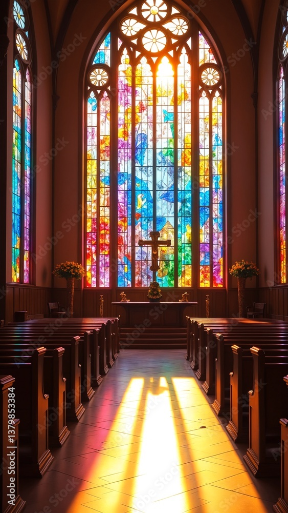Aufkleber Vibrant Sunlight Filtering Through Colorful Stained Glass Windows Creating a Stunning Spectrum of Colorful Reflections and Patterns in a Church Interior