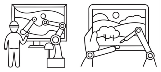 Illustration of a robot arm assisting in digital art creation.