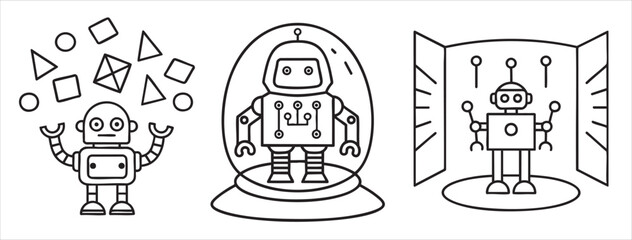 Three playful robots engaged in various activities in a simple, cartoonish style.