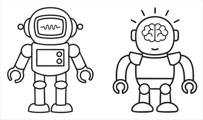 Two cartoon robots, one with a screen and the other with a brain illustration.