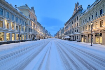 A cozy Christmas evening in Helsinki, with snow-covered streets and warm glowing shop windows