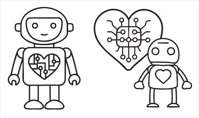 Two playful robots with heart designs, one featuring circuitry patterns.