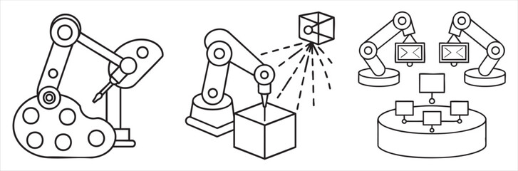 Illustration of robotic arms in various industrial applications.