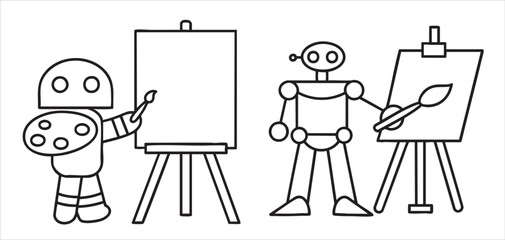 Two robots painting on easels, showcasing artistic creativity in a simplistic style.