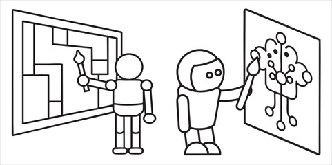 Two figures engaged in creative activities, one painting on a canvas, the other drawing on a wall.
