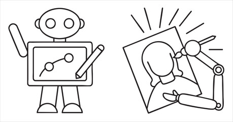 Robot illustrating data and art concepts using digital tools and creativity.