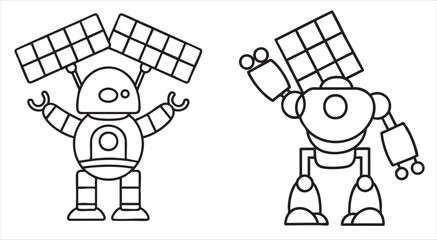 Two friendly robots with solar panels on their arms, waving cheerfully.