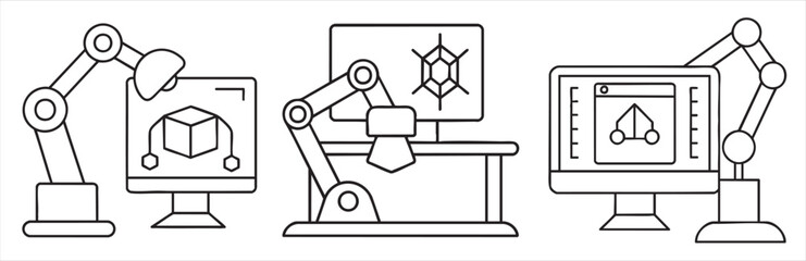 Illustration of robotic arms interacting with computer screens and designs.