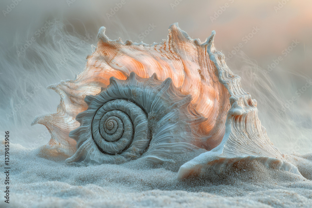 Poster a large, intricately patterned seashell rests on a sandy beach, bathed in soft, ethereal light.