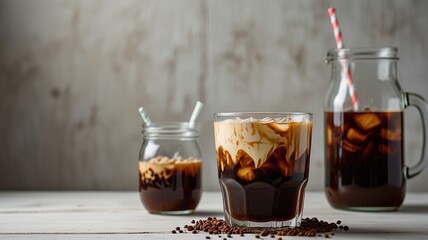 Cold brew coffee with milk on white wooden table