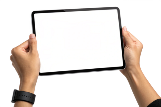 Hand holds digital tablet PC with blank touch screen