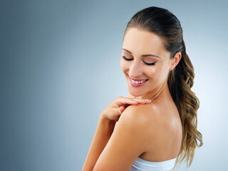 Skincare, beauty and woman in studio with natural, hand and touch with collagen skin routine....