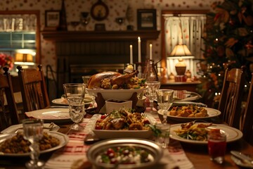 A Delicious Roasted Turkey Dinner Gathers Family Around a Table with Festive Decorations and Warm Lighting for a Cozy Holiday Feast in a Rustic Home Setting.